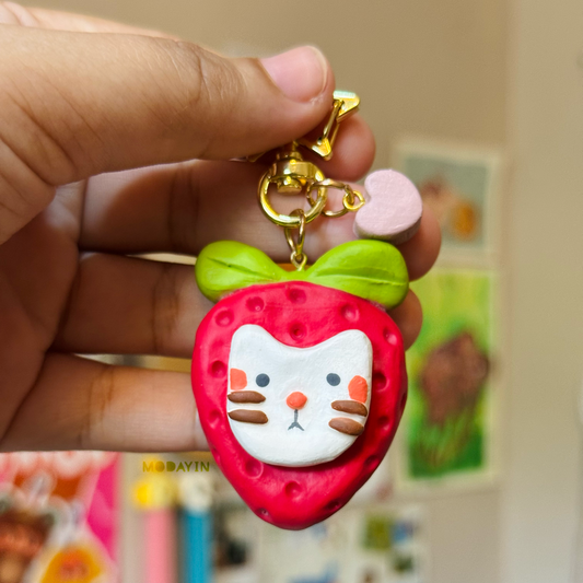 Keychain de Arcilla | Fresa Gatito