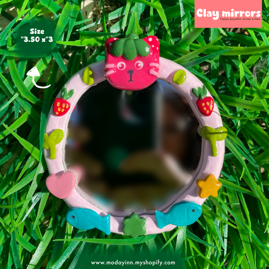 Clay Mirror "Strawberry Cat"